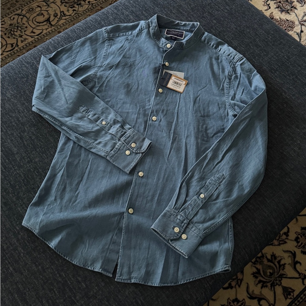 Collarless denim slim fit shirt - Ocean Blue